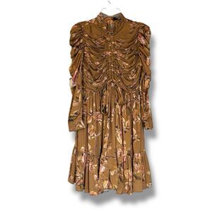 Beulah Style Satin Long Sleeve Ruched Mini Dress Gold Floral Small